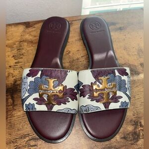 Tory Burch Floral Slide Sandals Size 9 Logo Hardware Burgundy Leather